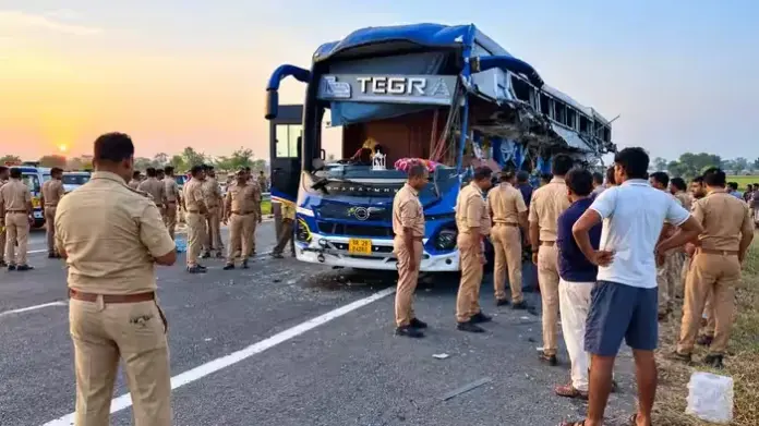 Ambedkar Nagar Accident, Gorakhpur Link Expressway, Volvo Bus Accident, Uttar Pradesh Road Accident, Trailer Collision Ambedkar Nagar Accident, Gorakhpur Link Expressway, Volvo Bus Accident, Uttar Pradesh Road Accident, Trailer Collision